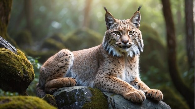 Un lince está sentado en una roca en el bosque.