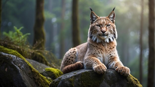 Un lince está sentado en una roca en el bosque.