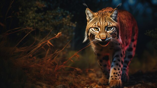 Foto el lince ibérico adulto en un bosque de robles mediterráneo