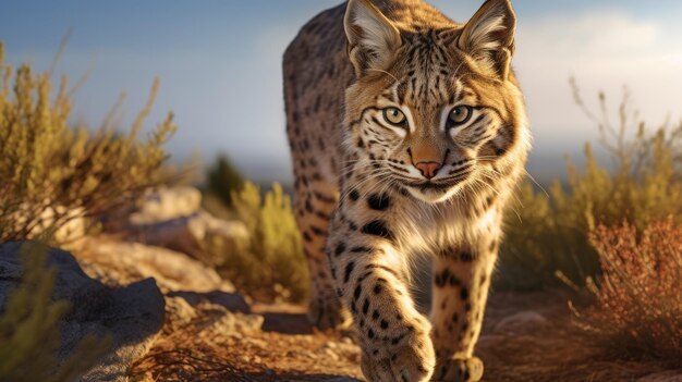 Foto el lince ibérico adulto en un bosque de robles mediterráneo