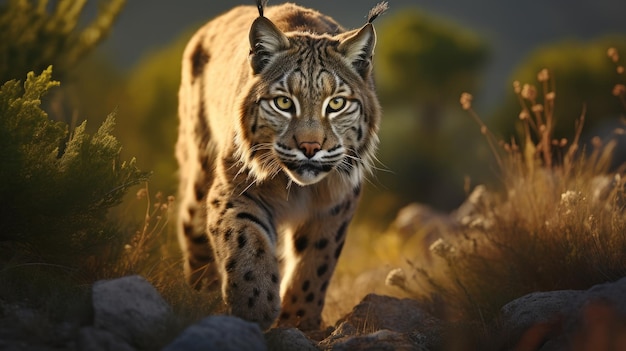 Foto el lince ibérico adulto en un bosque de robles mediterráneo