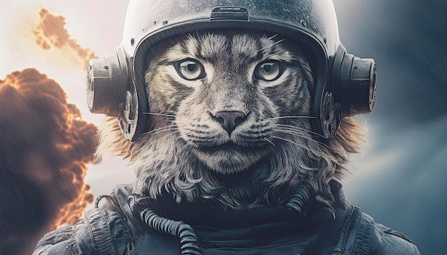 un lince que es un piloto de combate una bomba nuclear explotando en el fondo