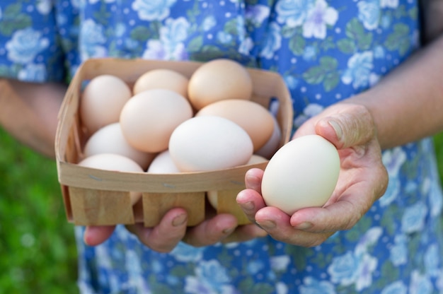 Linda abuela sostiene una bandeja con huevos