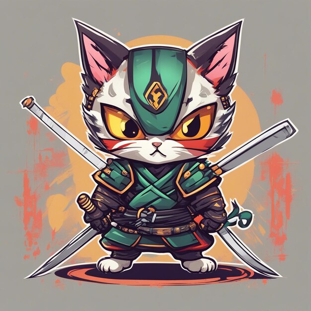 Foto una linda actitud de gatos, guerrero samurai, gato ninja con diseño de camiseta con espada.