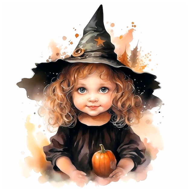 Linda acuarela bonita bruja niña ilustración de Halloween
