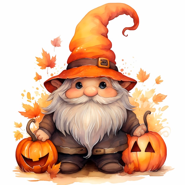 Linda acuarela otoño gnomo ilustración de Halloween