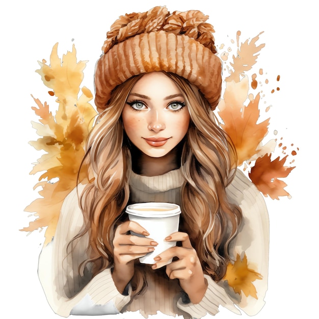 Linda acuarela otoño otoño mujer con hojas y café ilustración