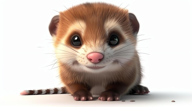 Una linda y acurrucada representación 3D de un bebé opossum La opossum está sentada sobre un fondo blanco y mirando a la cámara con sus grandes ojos redondos