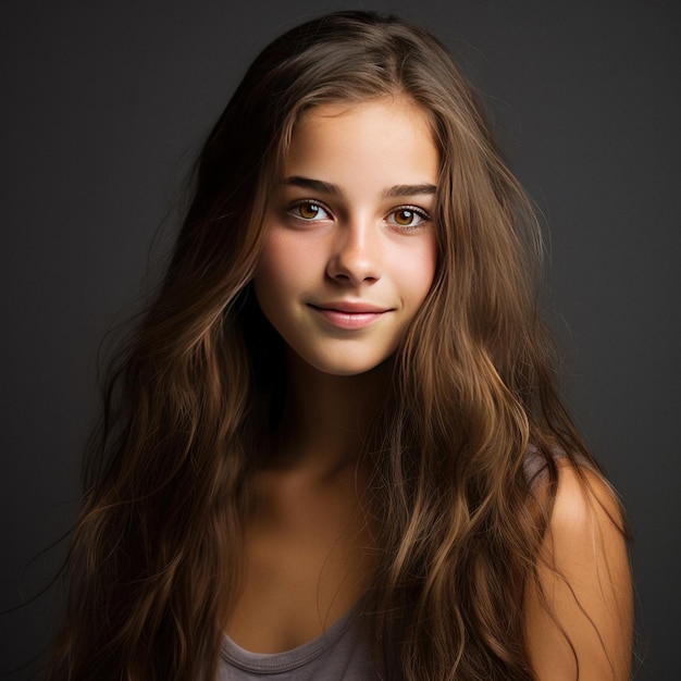 Linda adolescente está sorrindo para sessão de fotos de estúdio