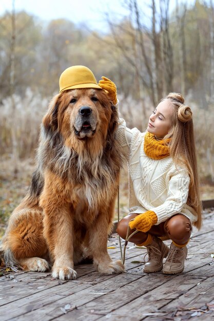 Linda adolescente sentada com cachorros mastim tibetano e brincando juntos ao ar livre O melhor amigo do ser humano