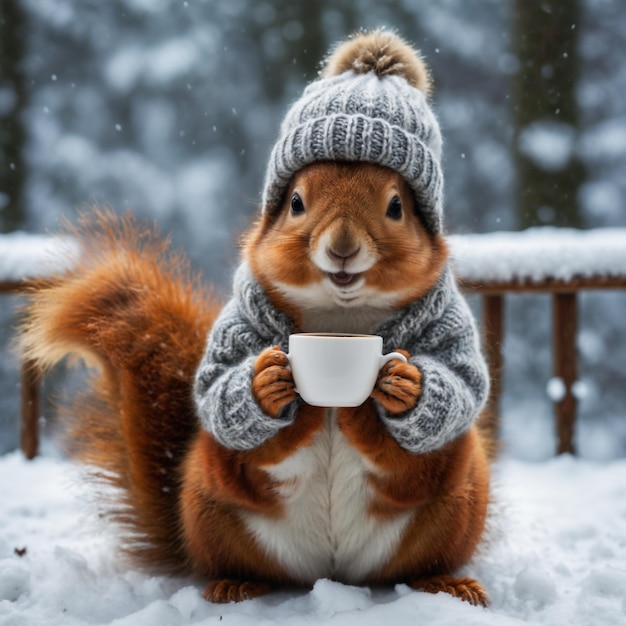 Una linda y adorable ardilla esponjosa sostiene una taza de café IA generativa