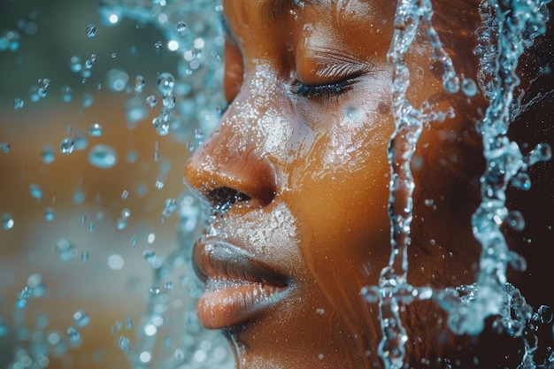 La linda afroamericana salpica agua para limpiarse la cara