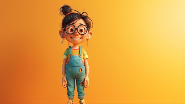 Linda y alegre ilustración en 3D de una niña con gafas, una camisa de colores y pantalones vaqueros
