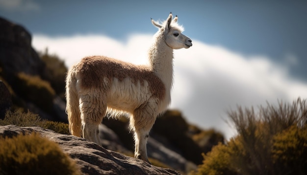 Linda alpaca parada en pastos de montaña pastando generada por IA