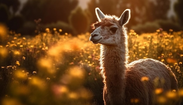 Linda alpaca pastando en un prado natural generado por IA