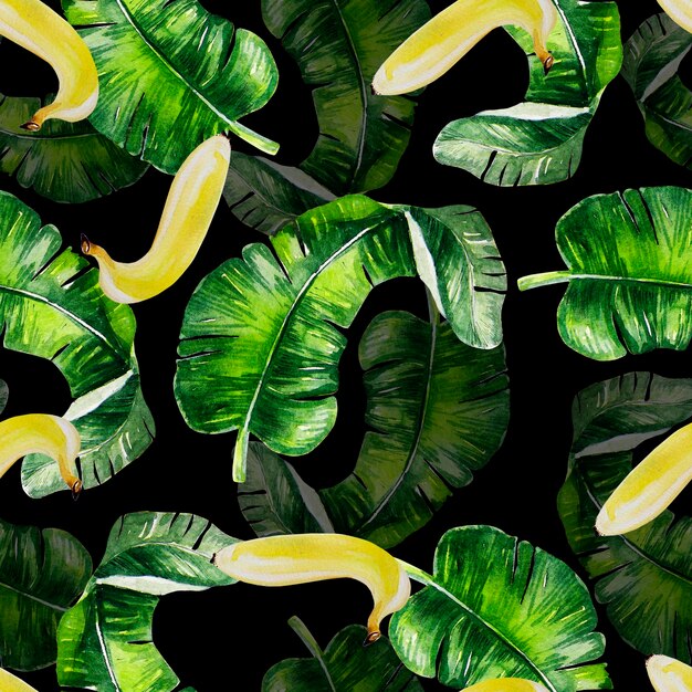 Foto linda aquarela sem costura tropical selva floral de fundo com folhas de palmeira e bananas ilustração