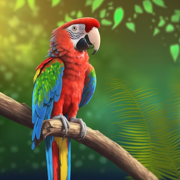 Foto linda arara-azul-esverdeada senta-se em um galho de árvore contra a renderização 3d azul ilustração raster