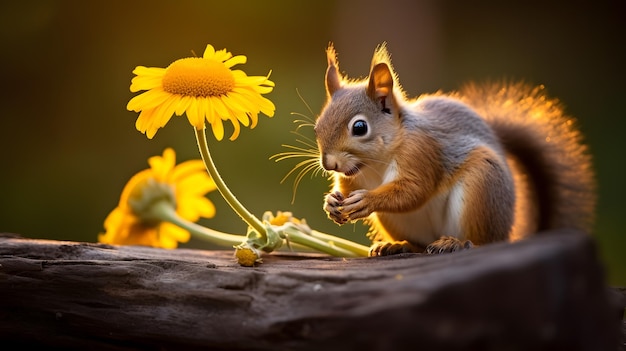 Linda ardilla y flores amarillas en la selva por la noche