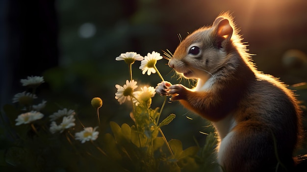 Linda ardilla y pequeñas flores en la selva por la noche