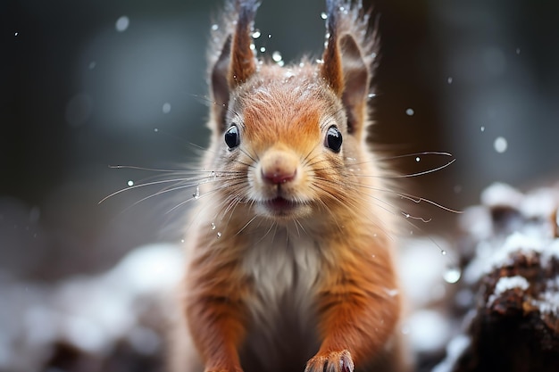 Linda ardilla roja en la nieve que cae