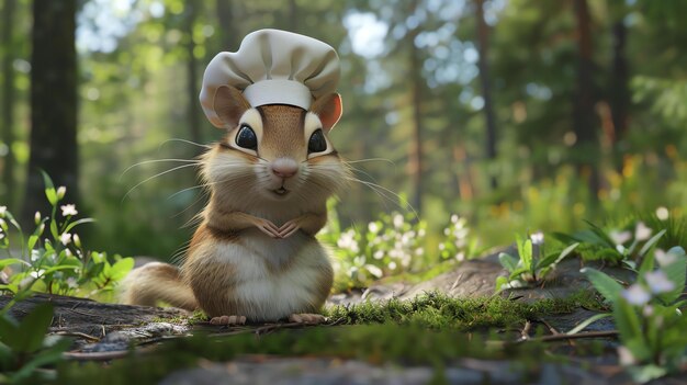 Una linda ardilla con un sombrero de chef está de pie en un tronco de árbol en el bosque está mirando a la cámara con una sonrisa en la cara