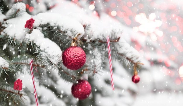 Linda árvore de natal ao ar livre com bolas de natal rosa, luzes de neve bokeh ao redor e neve caindo chri...