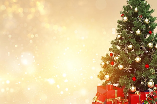 Linda árvore de Natal com decoração com fundo de luzes desfocadas