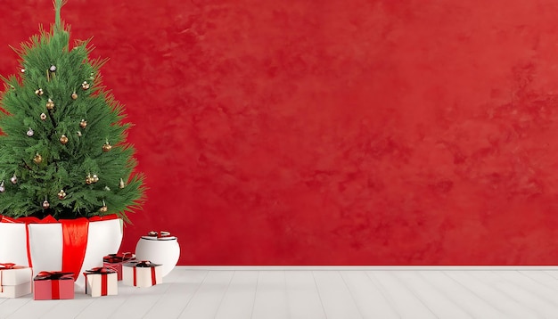 Linda árvore de Natal com presentes e parede texturizada vermelha empoeirada Sala de estar vazia monocromática