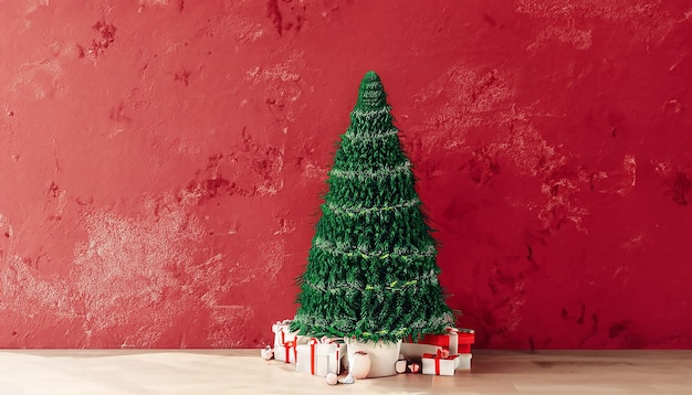 Linda árvore de Natal com presentes e parede texturizada vermelha empoeirada Sala de estar vazia monocromática