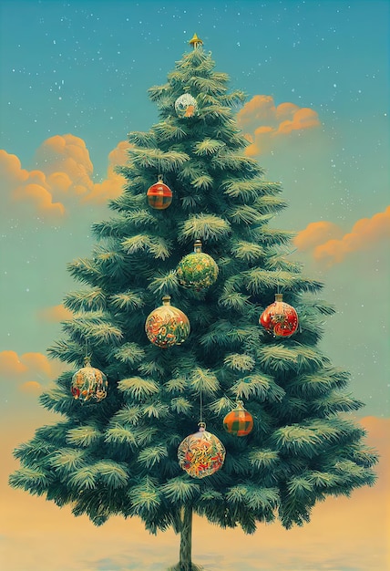 Linda árvore de Natal decorada para o ano novo ou ilustração 3d de férias de inverno de Natal