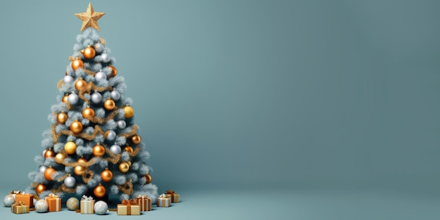 Linda árvore de Natal festiva de fundo de Natal decorada com bolas em um espaço de cópia de formato de banner de fundo azul gerado por IA