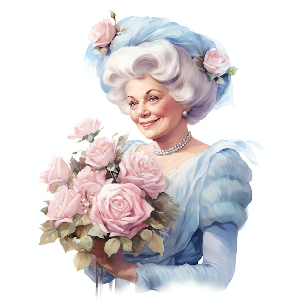 linda avó vitoriana azul cottagecore segurando rosas rosas clipart ilustração