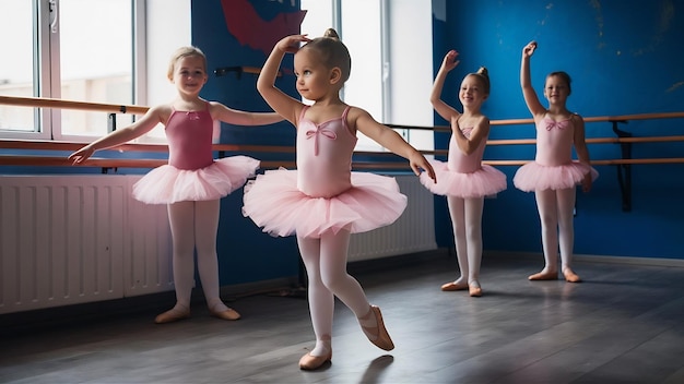 Una linda bailarina en traje de ballet rosa un niño con zapatos de punta está bailando en la habitación