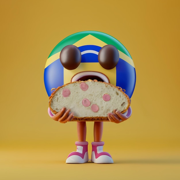 linda bandeira do brasil em pé estilo emoji 3D com olhos estilo pixar boca segurando pão com