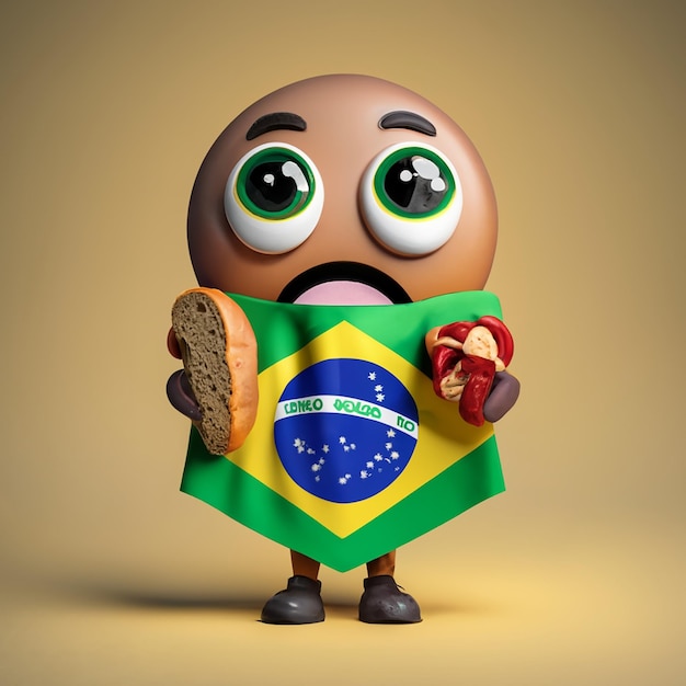 linda bandera de brasil de pie estilo emoji 3D con ojos estilo pixar boca sosteniendo pan con