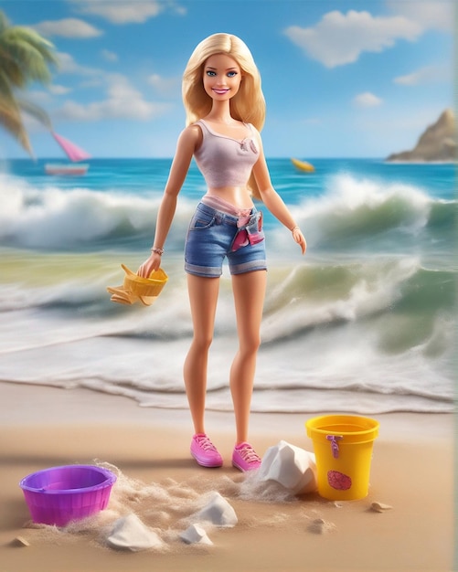 Una linda Barbie parada en la playa con un fondo ondulado