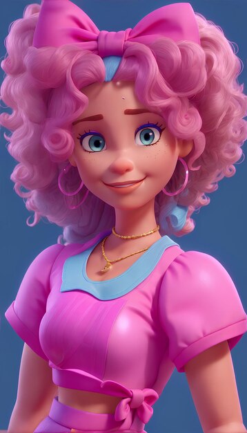 Foto la linda barbie sonriente con el cabello rizado usando una camiseta rosa mujer de dibujos animados en 3d