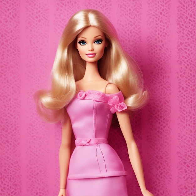 Una linda barbie con vestido rosa y fondo rosa.