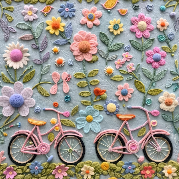 Foto una linda bicicleta de fieltro de patrón 3d sin costuras en un jardín de fieltros