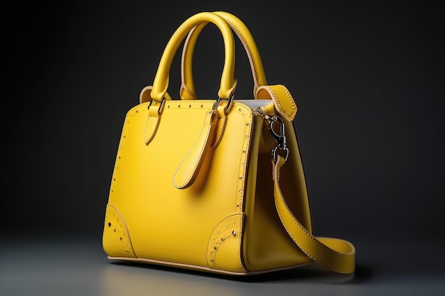 Linda bolsa feminina jovem e elegante em amarelo brilhante