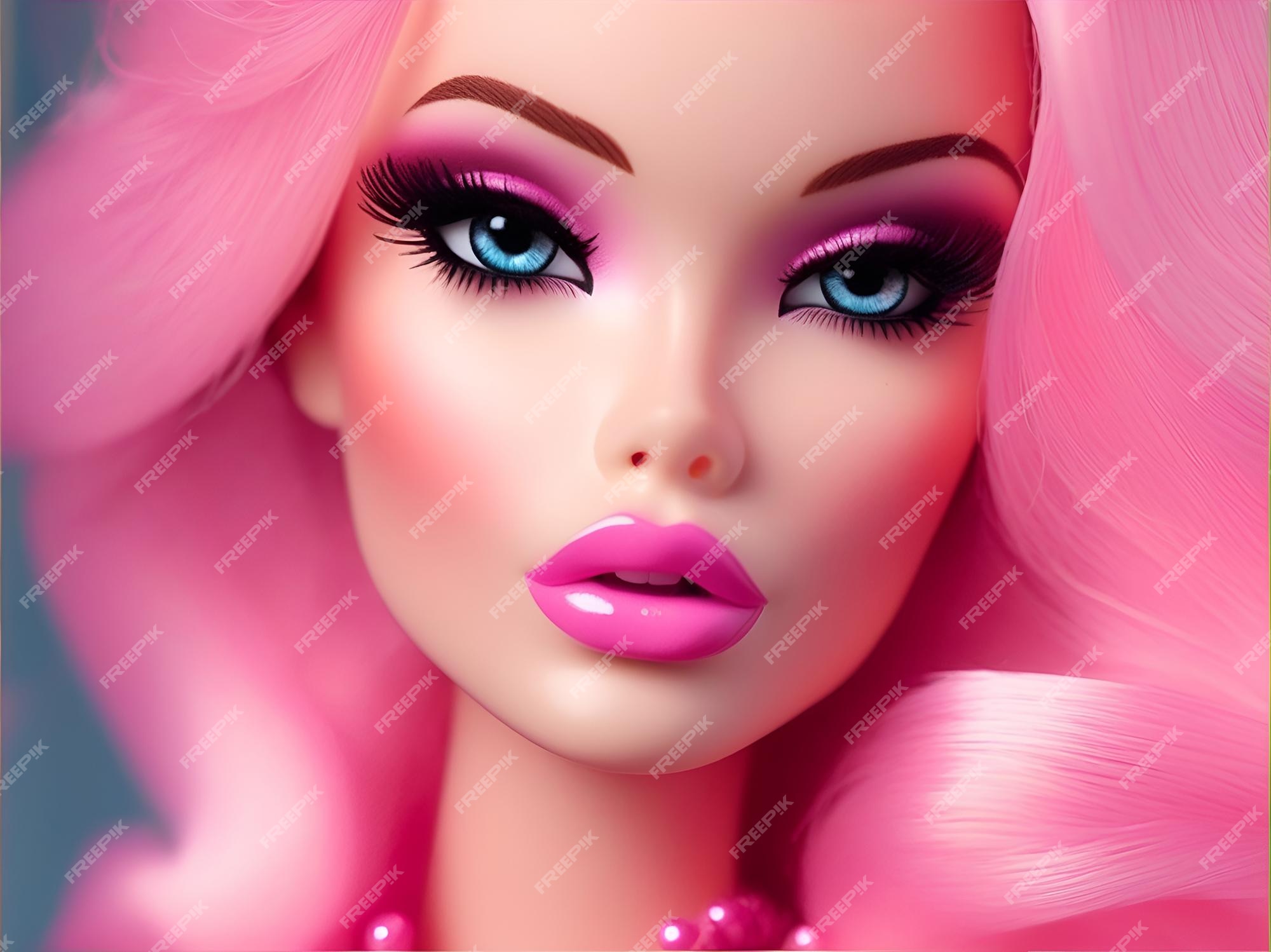 Linda boneca barbie mulher com cabelo rosa e maquiagem brilhante gerada por  ia