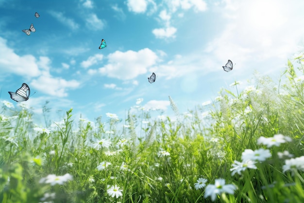 Linda borboleta no prado verde e céu azul Fundo da natureza