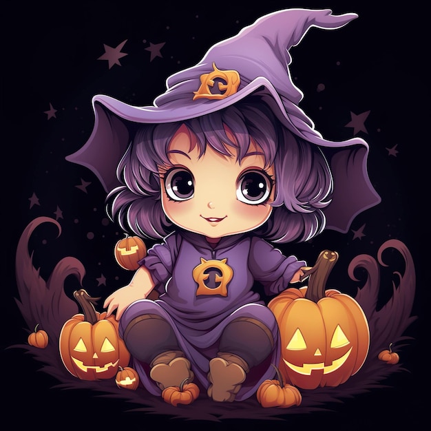 linda bruxa de Halloween com abóboras geradas por ai