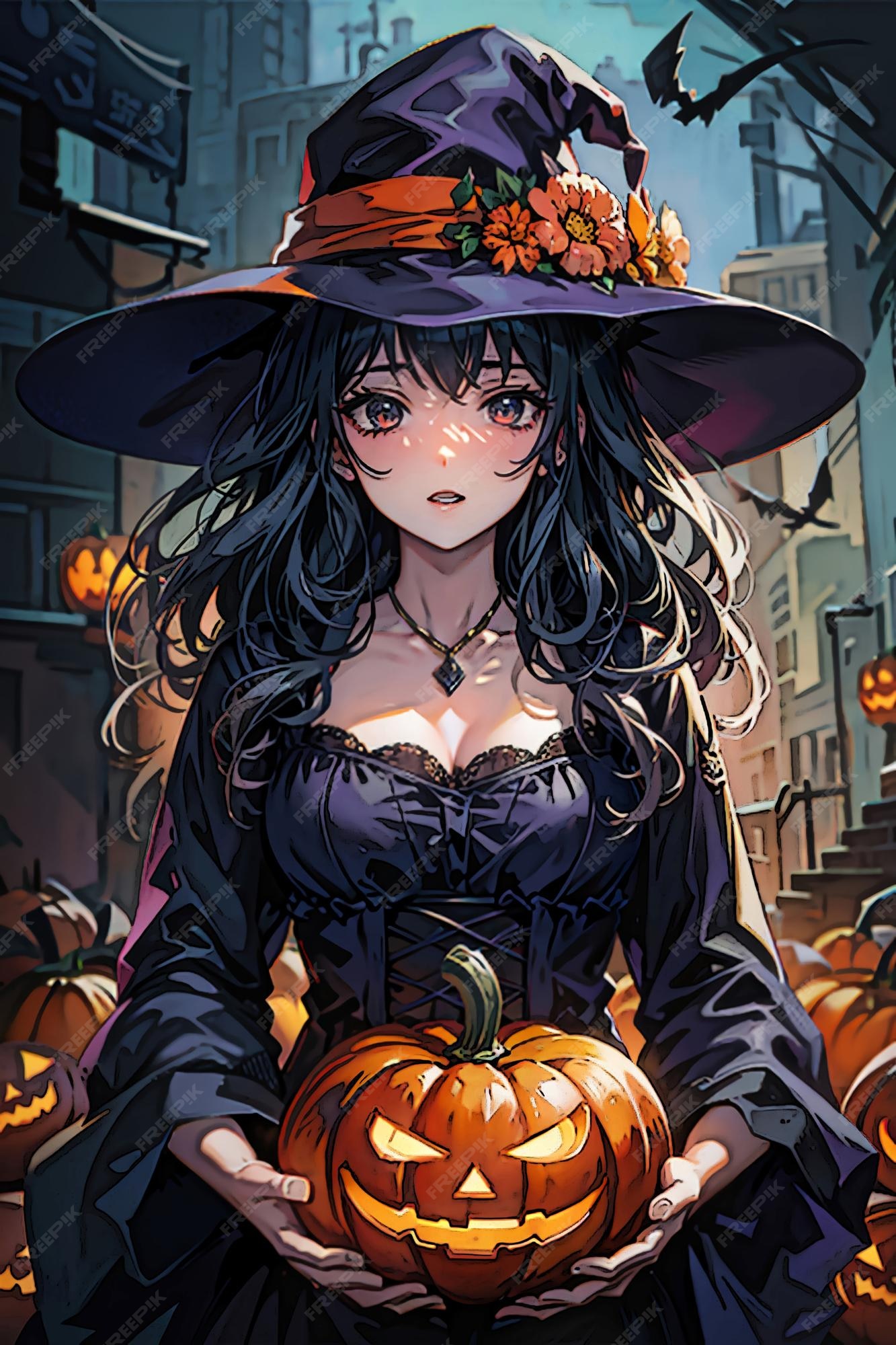 Linda bruxa segurando abóbora de halloween em estilo anime