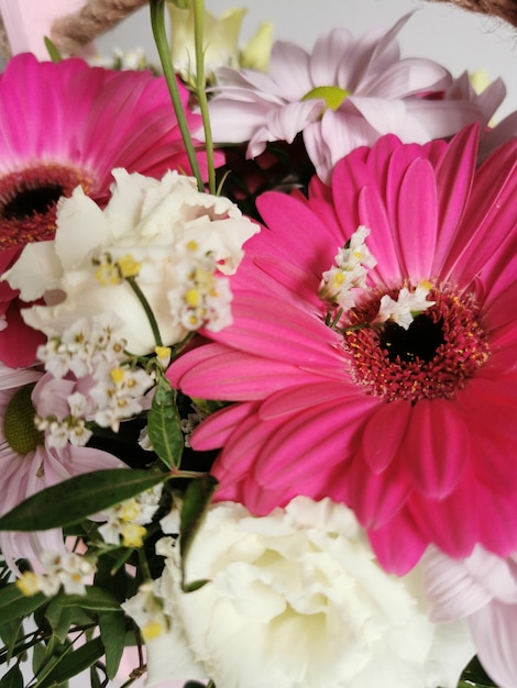 Linda caixa de flores rosa com gerberas eustoma crisântemos pistache