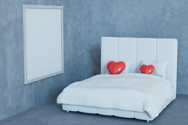 Linda cama branca no quarto com uma janela fechada na qual há dois corações vermelhos renderizados em 3D