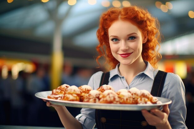 Linda camarera pelirroja con una bandeja de bocadillos en el Oktoberfest