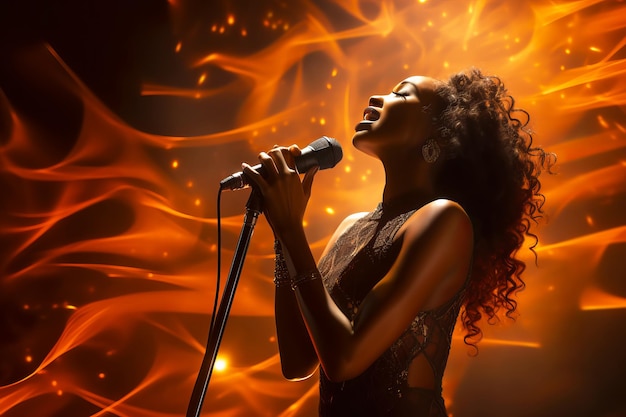 Linda cantora afro-americana canta no palco em luzes de bokeh douradas Ilustração generativa de IA