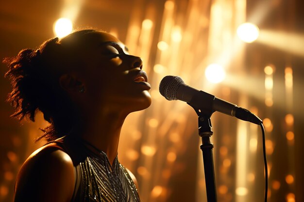 Linda cantora afro-americana canta no palco em luzes de bokeh douradas Ilustração generativa de IA