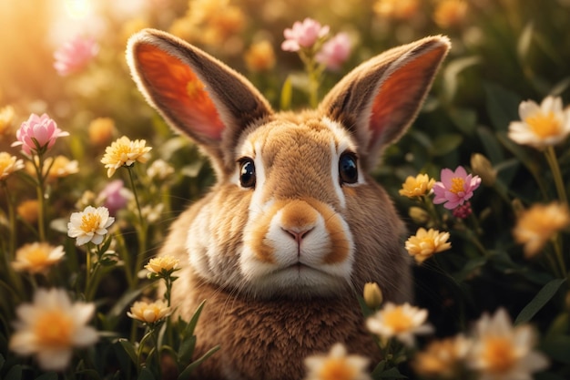 una linda cara de conejo con flores de primavera primer plano ai generativo